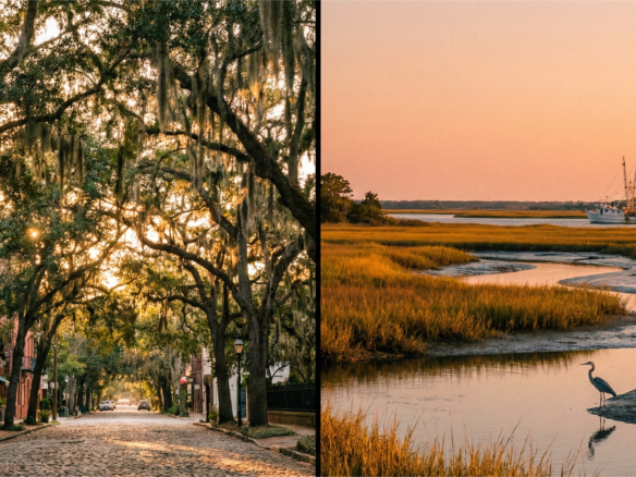 Savannah, Georgia split-screen: Left features a historic cobblestone street under mossy oaks. Right depicts a golden Lowcountry coastal marsh at sunset.