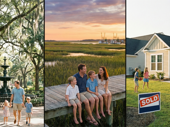 A triptych of three vertical photographs. The left panel shows a family strolling in a mossy Savannah square with a fountain. The middle panel features a family sitting on a dock at sunset over a coastal marsh. The right panel depicts a family playing in the backyard of a new home with a 'SOLD' sign.