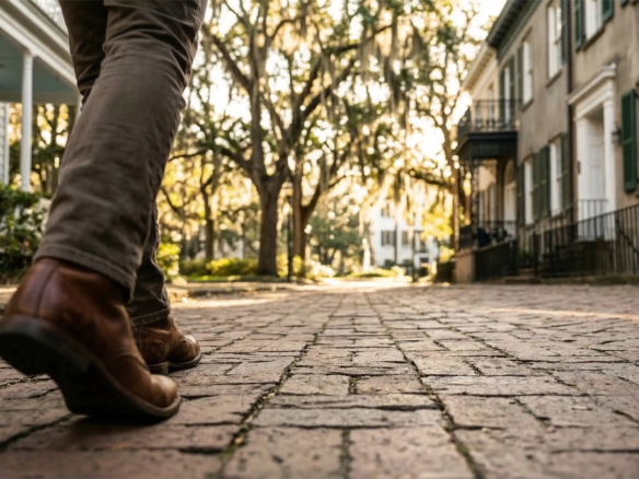 Low-angle POV of a person walking on a historic brick sidewalk toward a lush green square with Spanish moss and historic row houses in Savannah’s Historic District.