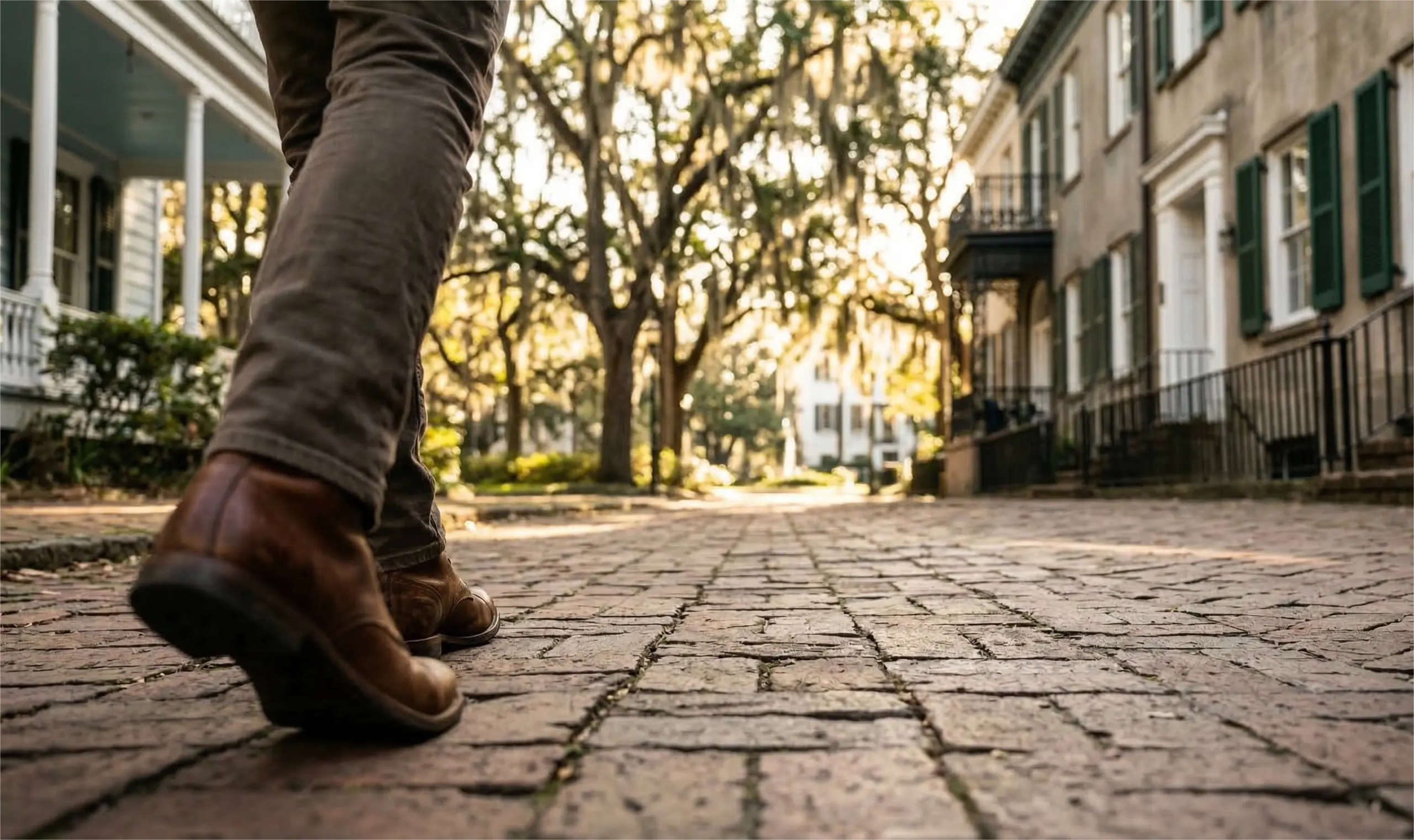Low-angle POV of a person walking on a historic brick sidewalk toward a lush green square with Spanish moss and historic row houses in Savannah’s Historic District.