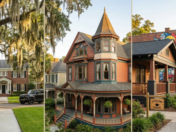 A professional triptych photograph comparing three Savannah neighborhoods at golden hour: a classic Ardsley Park Colonial home with Spanish moss, an ornate Queen Anne Victorian District house in teal and terra cotta, and a vibrant Starland District street scene featuring a Craftsman bungalow, mural, and a person walking a dog.