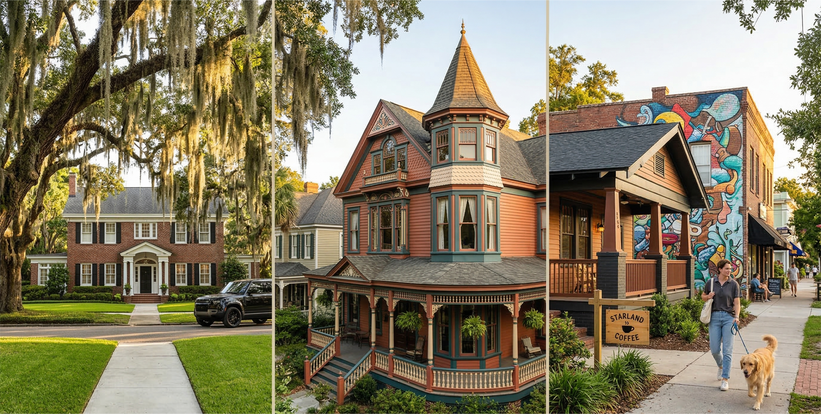 A professional triptych photograph comparing three Savannah neighborhoods at golden hour: a classic Ardsley Park Colonial home with Spanish moss, an ornate Queen Anne Victorian District house in teal and terra cotta, and a vibrant Starland District street scene featuring a Craftsman bungalow, mural, and a person walking a dog.