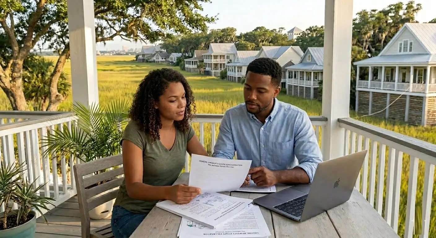 Aerial view of Savannah islands and waterfront homes used to evaluate flood insurance and ownership costs