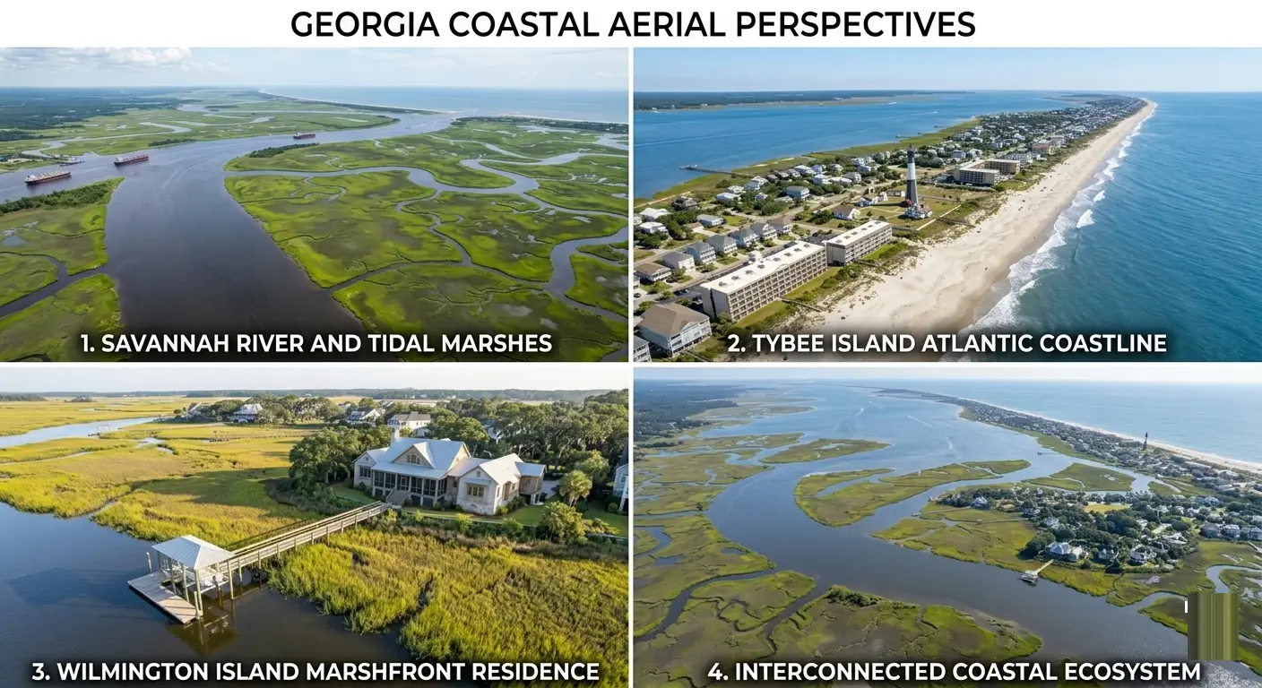 Aerial perspectives of Coastal Georgia: marshlands, tidal areas, riverfront, and harborfront residential areas relevant to FEMA flood zone mapping