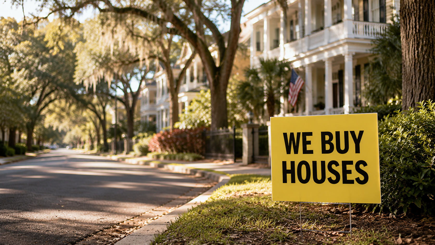 A yellow "We Buy Houses" yard sign on a tree-lined Savannah residential street with a historic home and US flag in the background