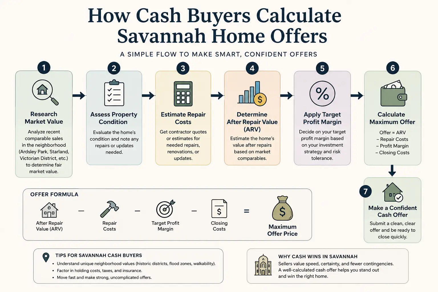 Flowchart showing how cash buyers calculate Savannah home offers