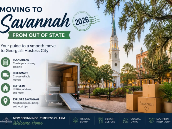 Savannah moving to Savannah from out of state 2026 relocation guide hero illustration with checklist categories