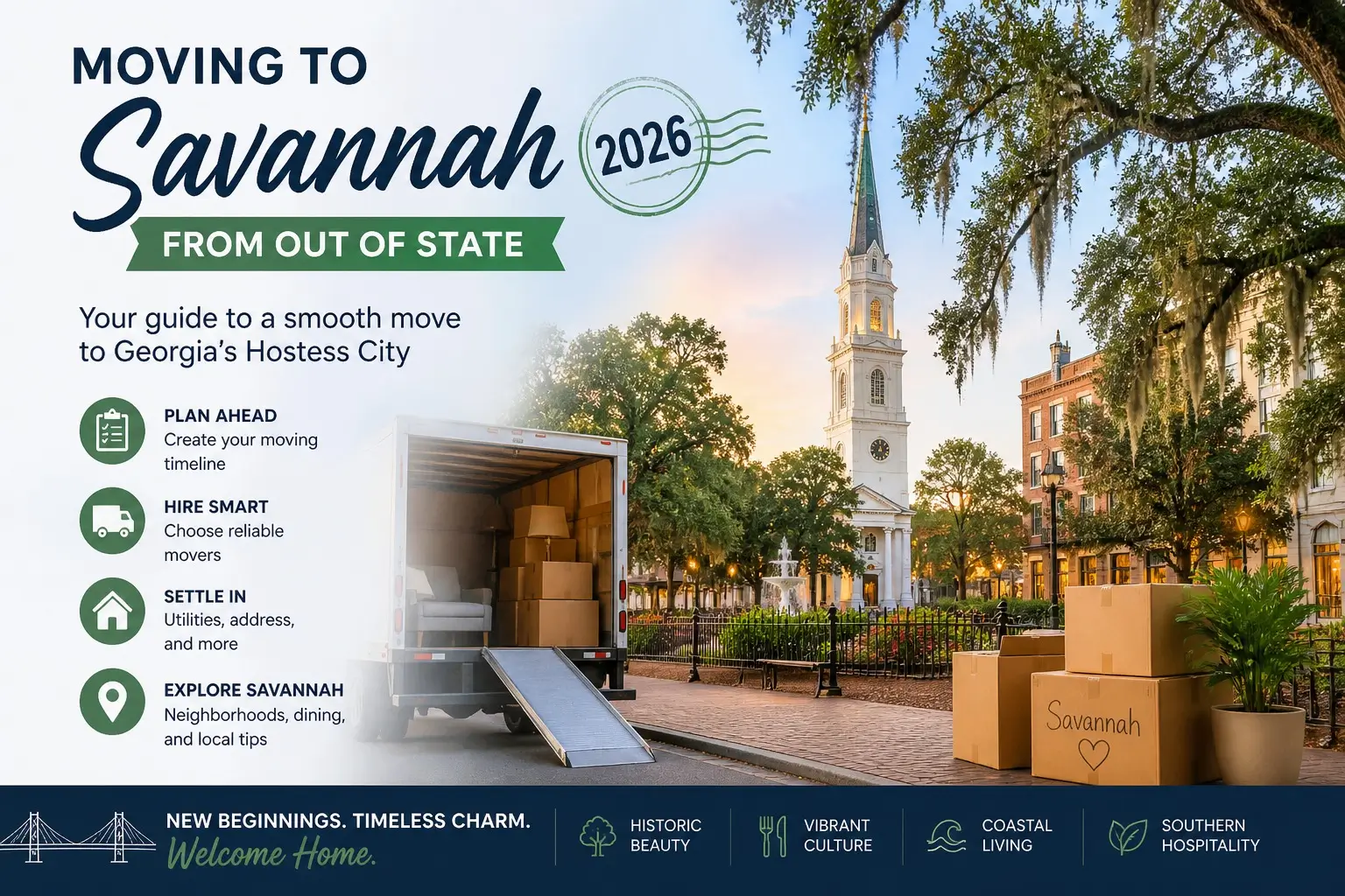 Savannah moving to Savannah from out of state 2026 relocation guide hero illustration with checklist categories