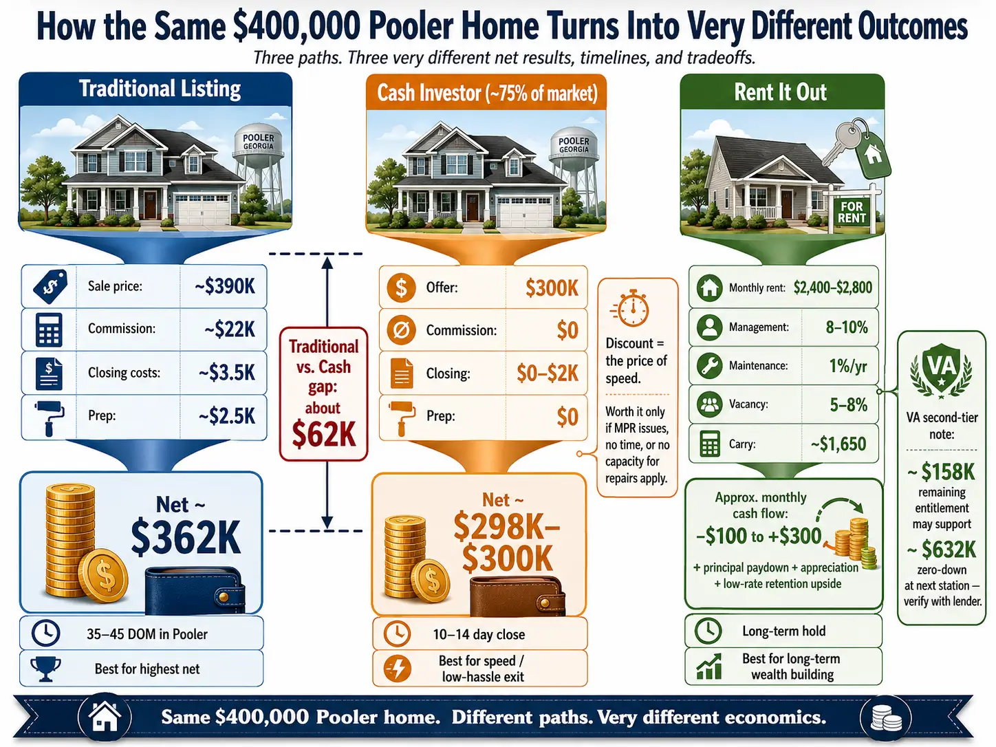Three-column dollar comparison of a $400K Pooler home sold traditionally, sold to a cash investor, or kept as a VA-financed rental.