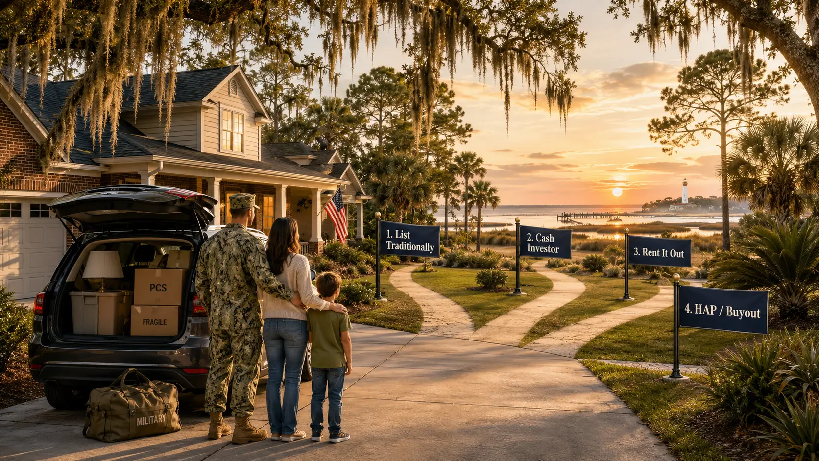 Military family beside a Coastal Georgia home weighing four PCS home-sale options under a T-90 timeline