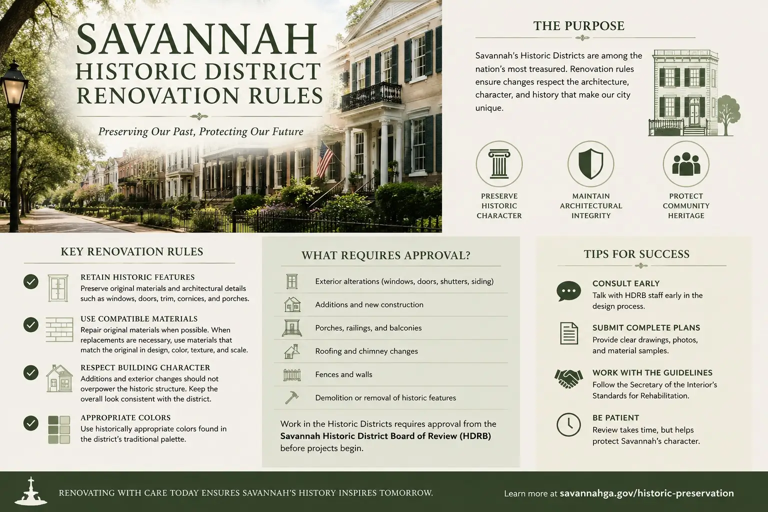 Savannah Historic District renovation rules guide showing historic facade, ironwork, and preservation context