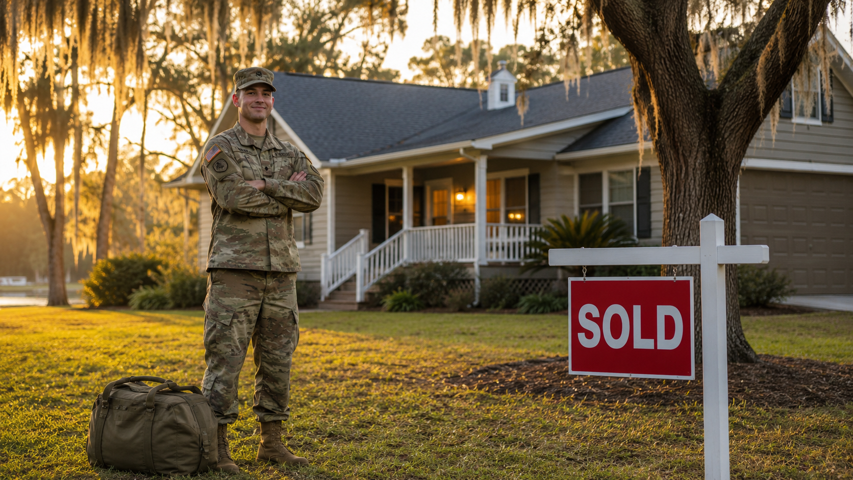 National Guard member in front of a Bryan County home after VA loan closing