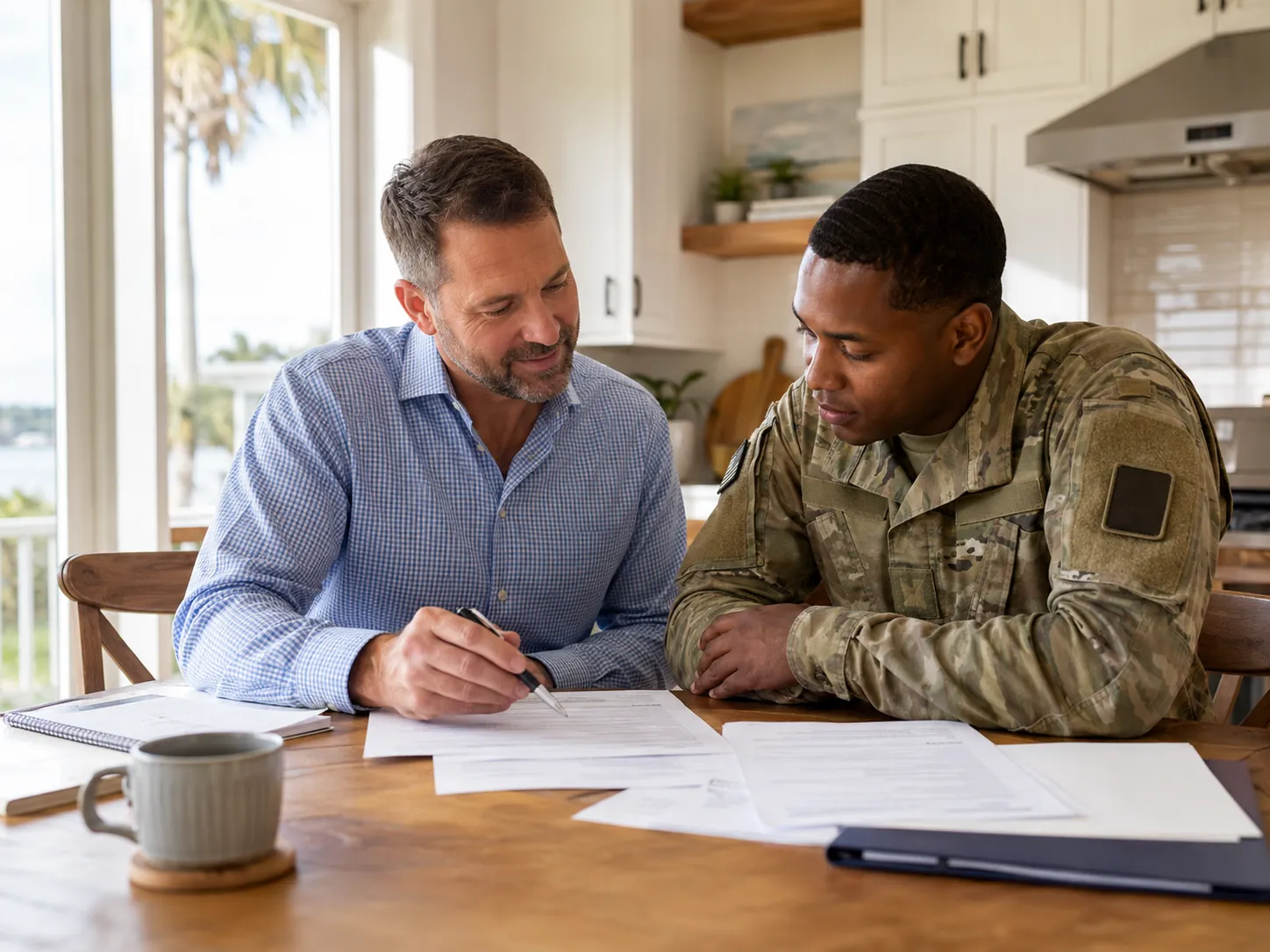 Veteran real estate agent helping a Coastal Georgia National Guard member with VA loan paperwork