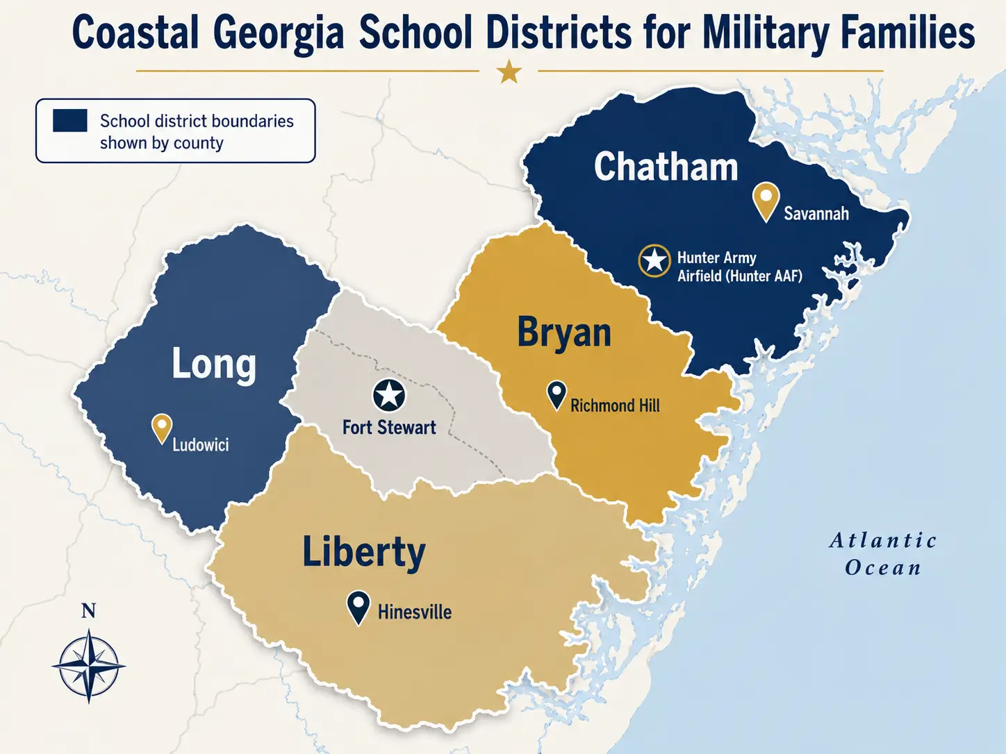 Map of Coastal Georgia school districts overlaid with Fort Stewart and Hunter Army Airfield military zones