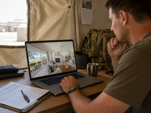 Service member reviewing a Coastal Georgia home virtual tour while deployed with home-buying documents and power of attorney paperwork nearby