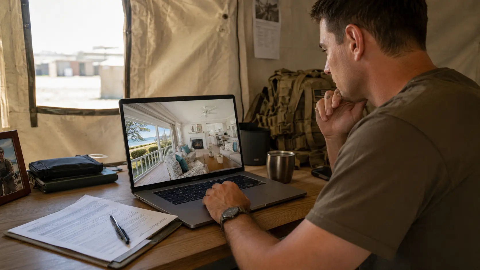 Service member reviewing a Coastal Georgia home virtual tour while deployed with home-buying documents and power of attorney paperwork nearby