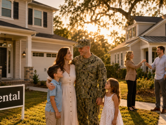 VA second-tier entitlement explained for Coastal Georgia military buyers in front of a home with a rental sign