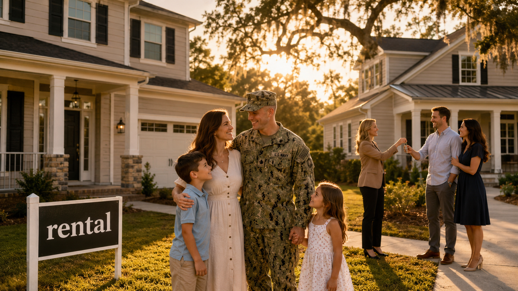 VA second-tier entitlement explained for Coastal Georgia military buyers in front of a home with a rental sign