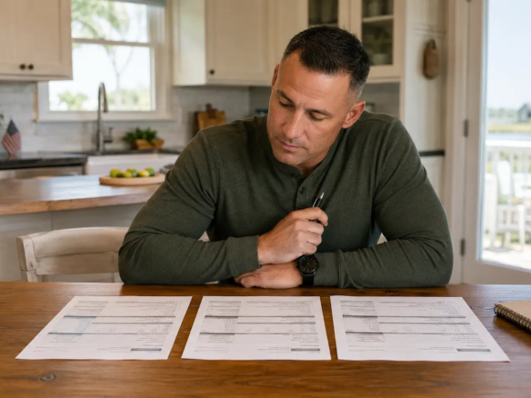 Military homebuyer comparing three VA lender loan estimates at a Coastal Georgia kitchen table