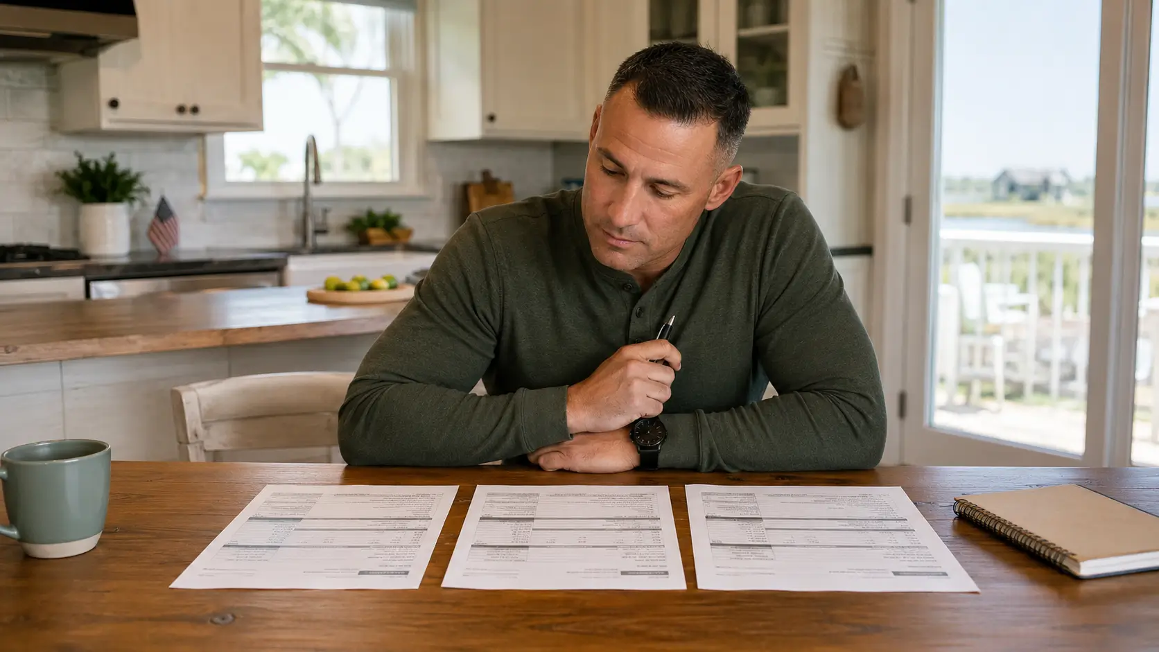 Military homebuyer comparing three VA lender loan estimates at a Coastal Georgia kitchen table