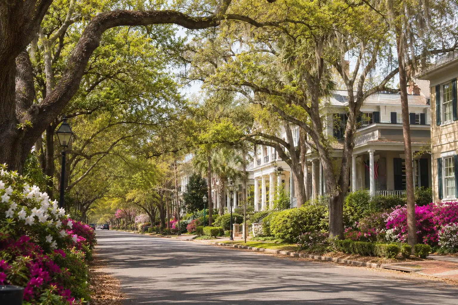 Tree-lined Savannah street with oaks draped in Spanish moss, blooming azaleas, and historic homes in a desirable Coastal Georgia neighborhood