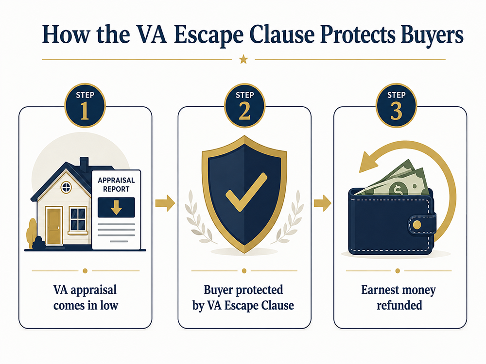 Diagram explaining how the VA Escape Clause protects buyers when the appraisal comes in low