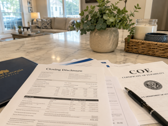 Coastal Georgia VA loan closing documents on a kitchen island