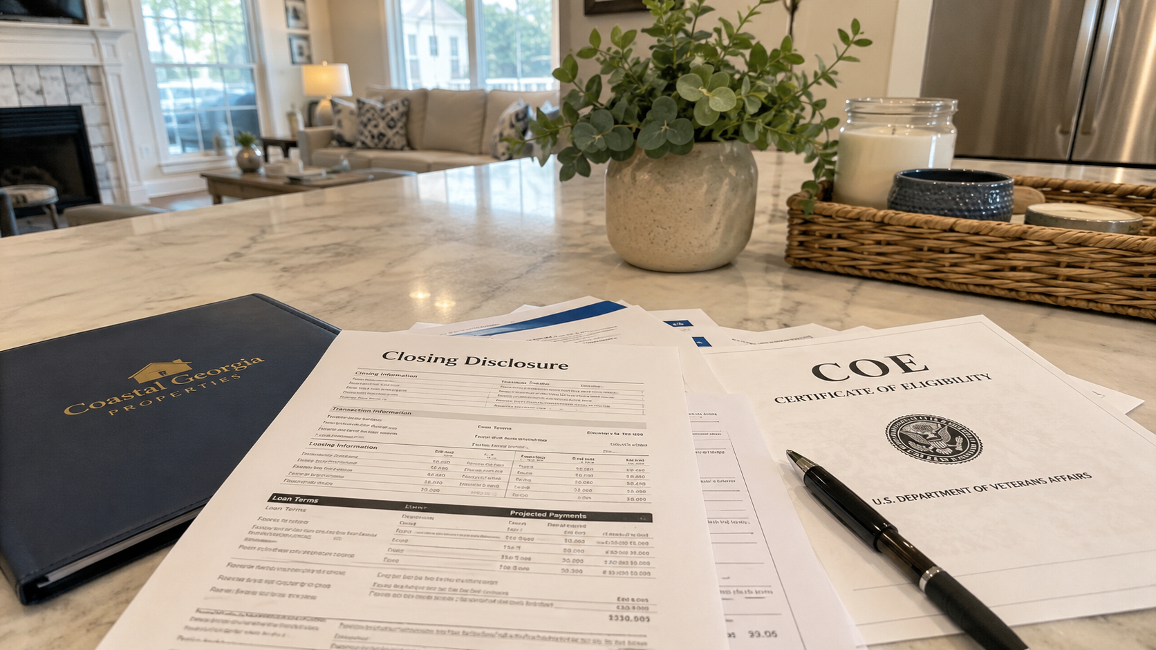 Coastal Georgia VA loan closing documents on a kitchen island