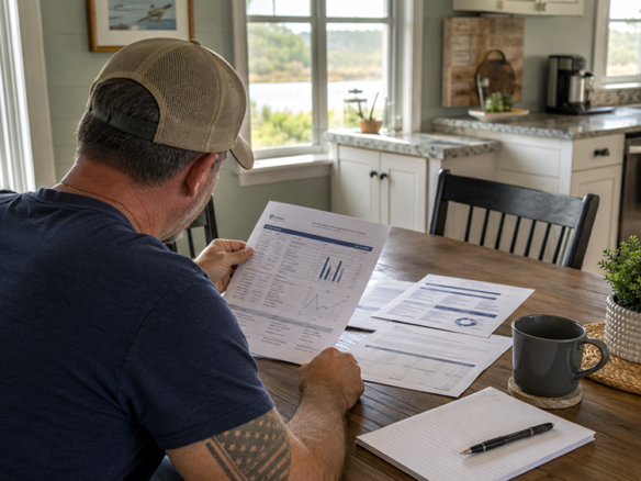 Coastal Georgia veteran reviewing VA IRRRL refinance rate comparison at a kitchen table