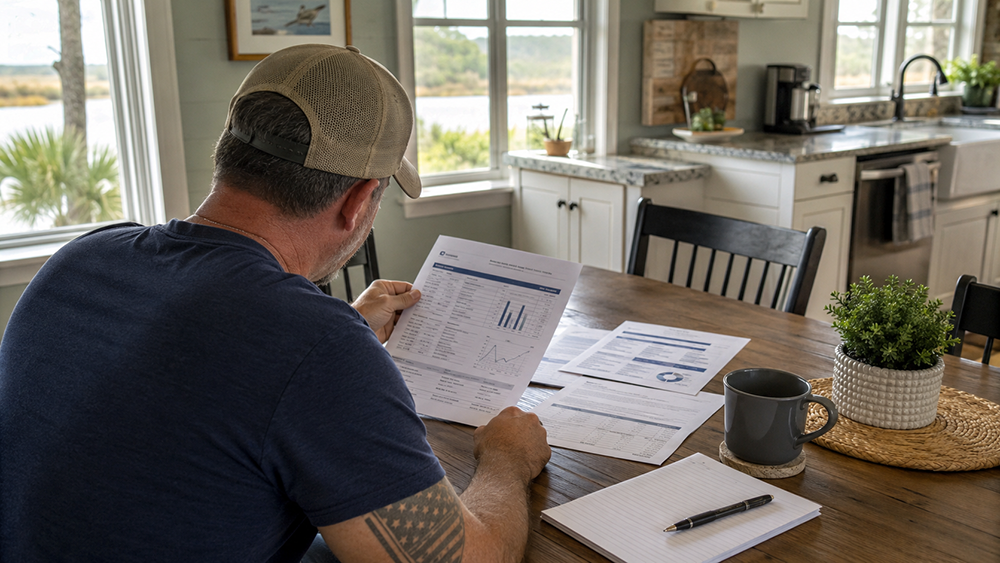 Coastal Georgia veteran reviewing VA IRRRL refinance rate comparison at a kitchen table