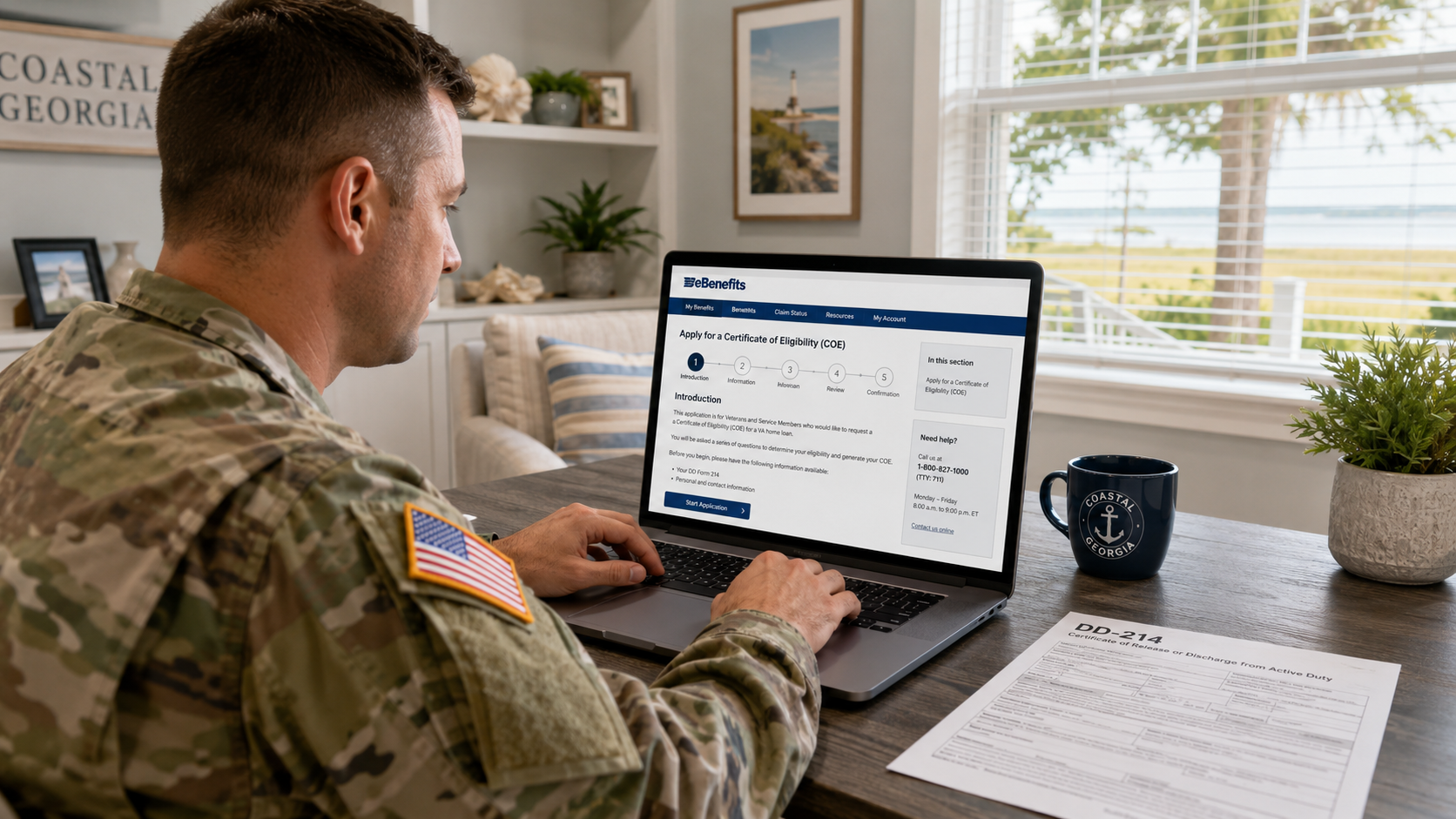 Service member applying for a VA Certificate of Eligibility from a Coastal Georgia home office