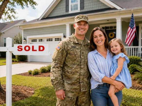 Military family in front of a sold Coastal Georgia home after negotiating VA loan seller concessions