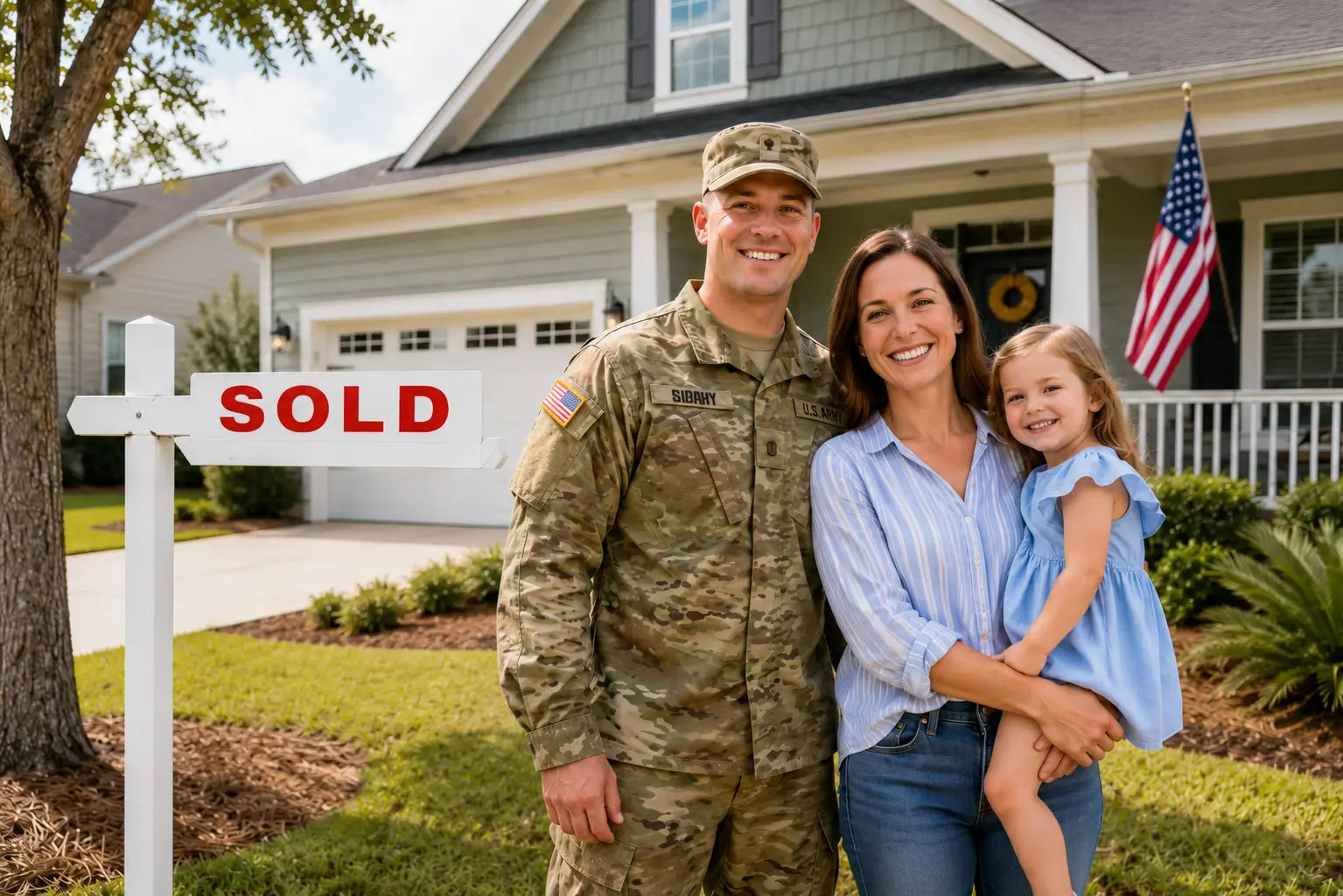 Military family in front of a sold Coastal Georgia home after negotiating VA loan seller concessions