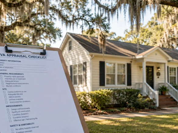 VA appraiser reviewing MPR notes in front of a Coastal Georgia home