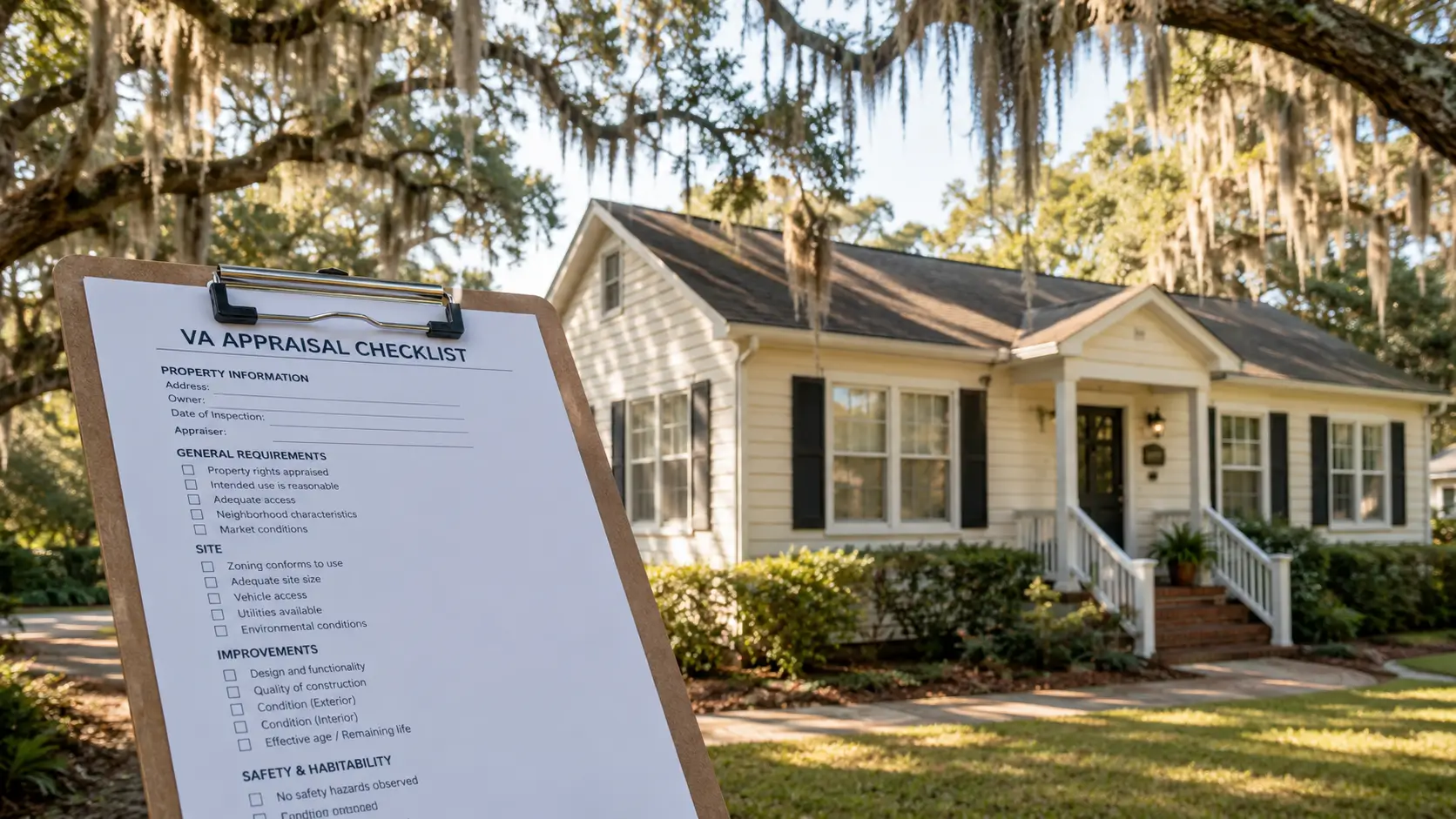 VA appraiser reviewing MPR notes in front of a Coastal Georgia home