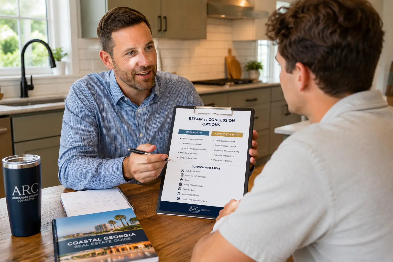 Real estate agent reviewing VA repair vs concession options with a buyer in a Coastal Georgia kitchen