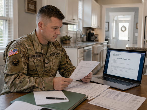 Service member completing VA loan pre-approval paperwork from a Coastal Georgia home