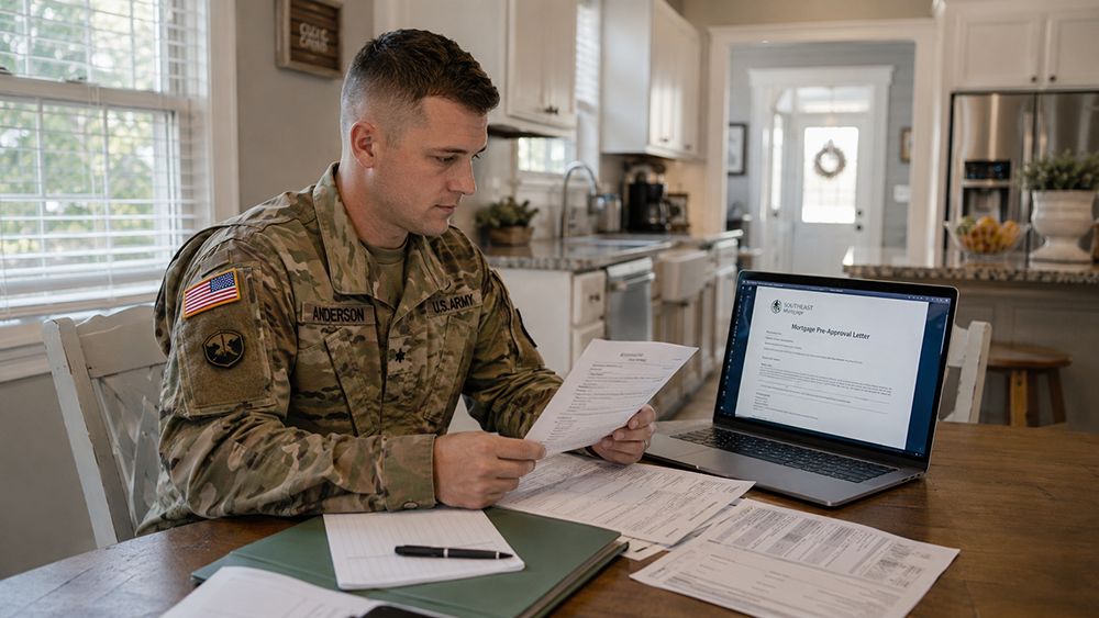 Service member completing VA loan pre-approval paperwork from a Coastal Georgia home