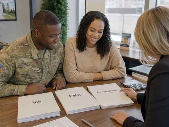 Coastal Georgia military couple comparing VA, FHA, and conventional home loan options with a veteran real estate agent