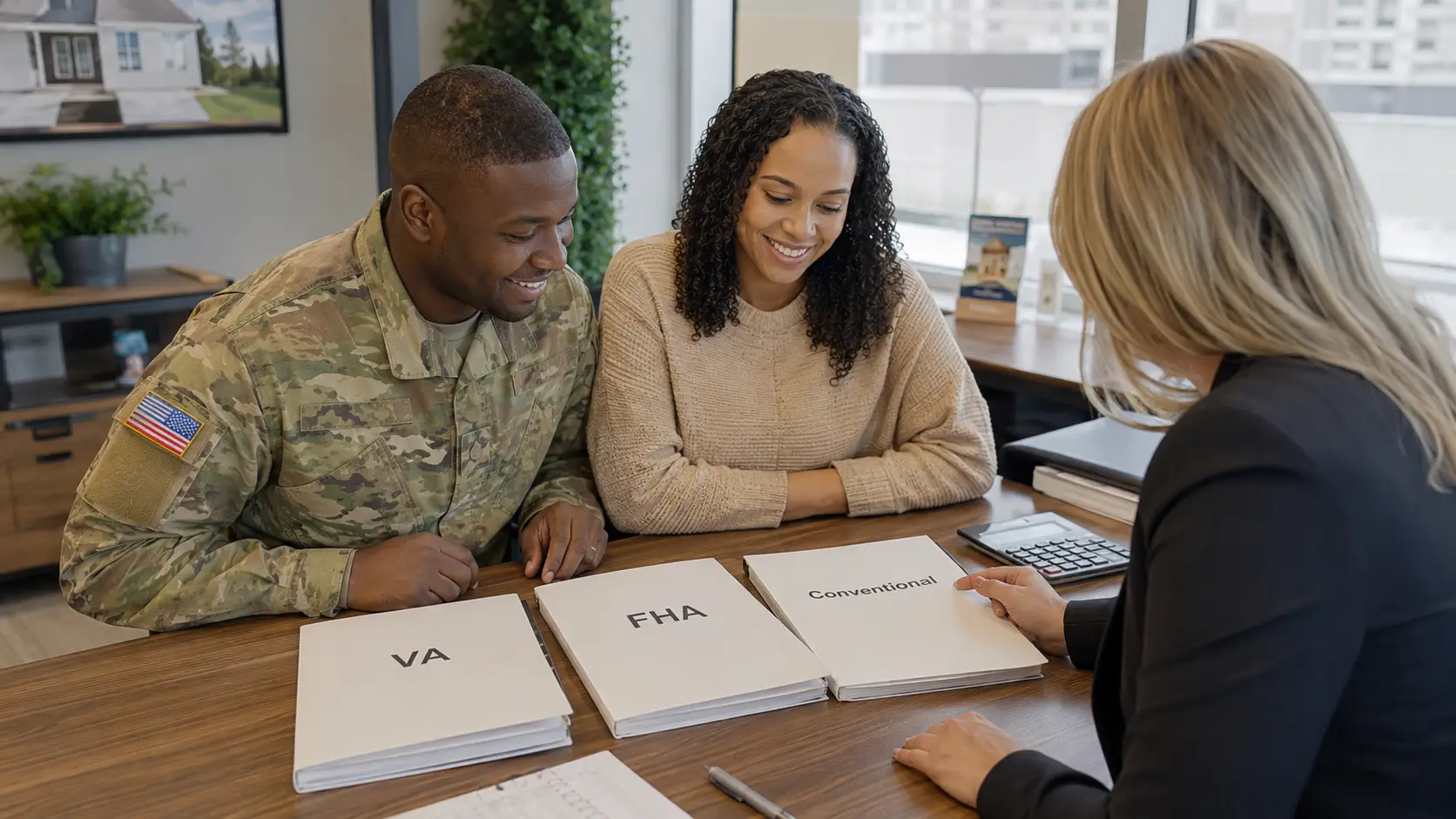 Coastal Georgia military couple comparing VA, FHA, and conventional home loan options with a veteran real estate agent