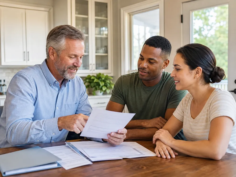 Veteran real estate agent reviewing a VA pre-approval letter with a Coastal Georgia military couple