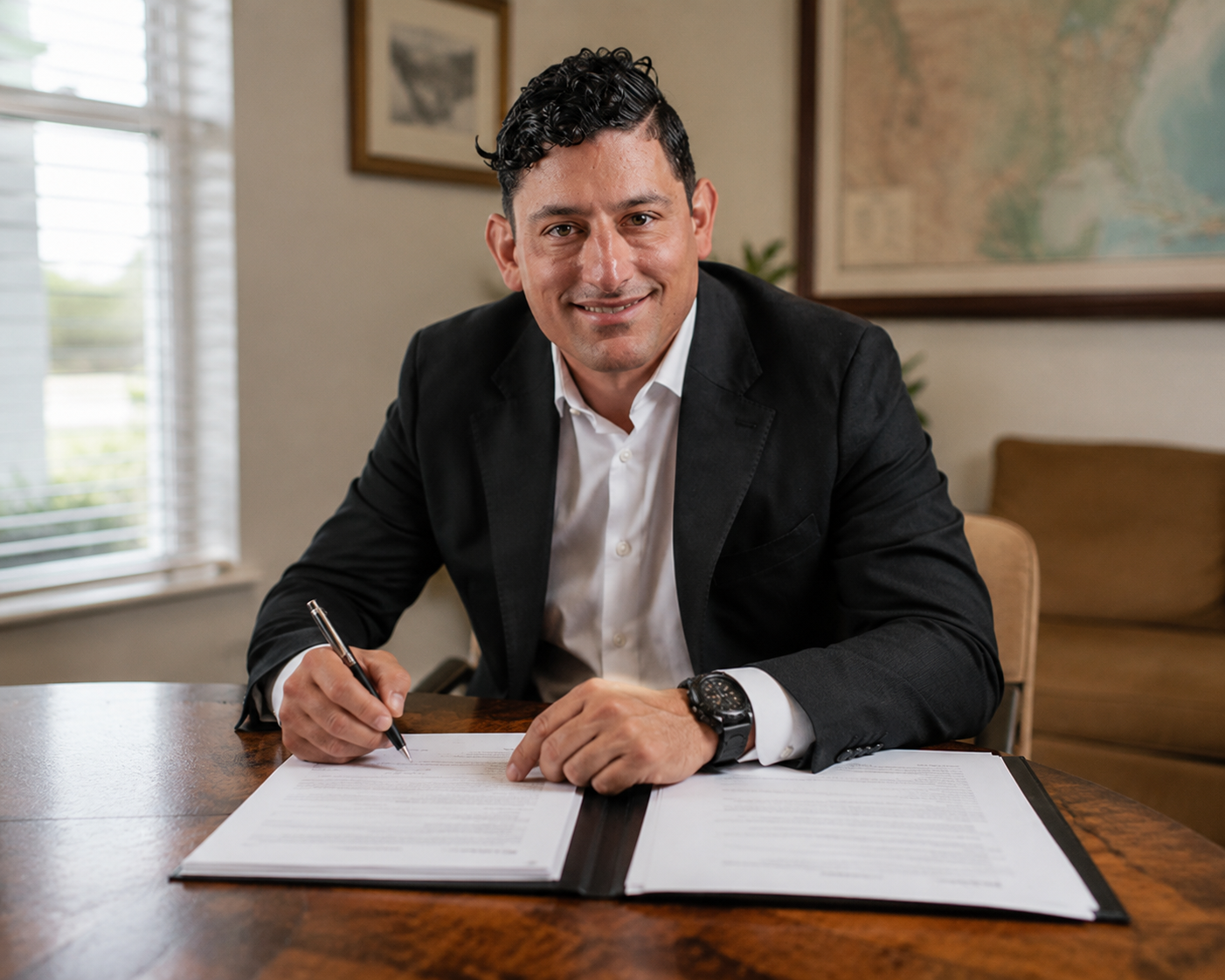 Alex Rodino reviewing closing paperwork at a desk during a Savannah home sale