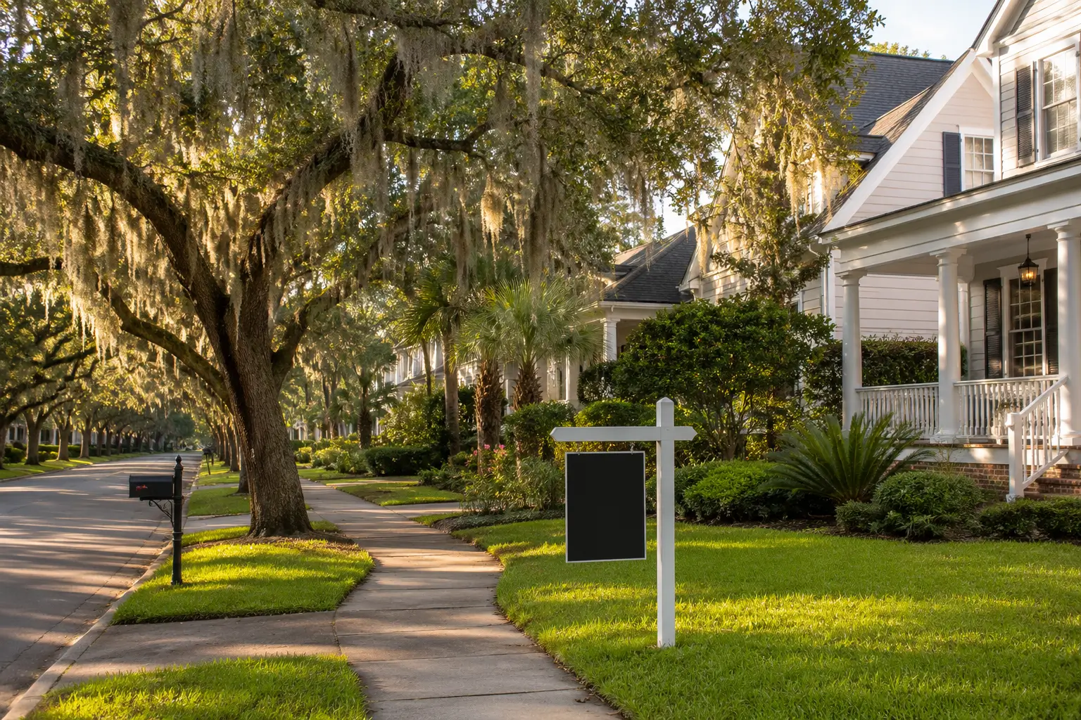 For-sale sign in front of a Savannah home lined with Spanish-moss oak trees