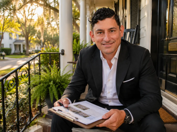 REALTOR Alex Rodino reviewing home-selling paperwork on the porch of a Savannah, Georgia home