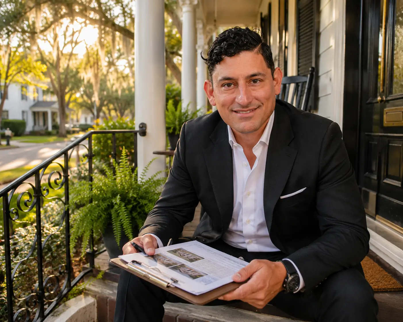 REALTOR Alex Rodino reviewing home-selling paperwork on the porch of a Savannah, Georgia home
