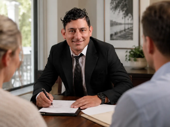 Savannah real estate agent meeting with home sellers at a table to review paperwork and compare FSBO versus hiring a Realtor