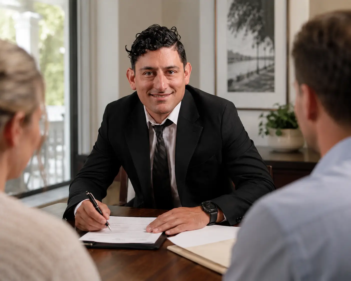 Savannah real estate agent meeting with home sellers at a table to review paperwork and compare FSBO versus hiring a Realtor