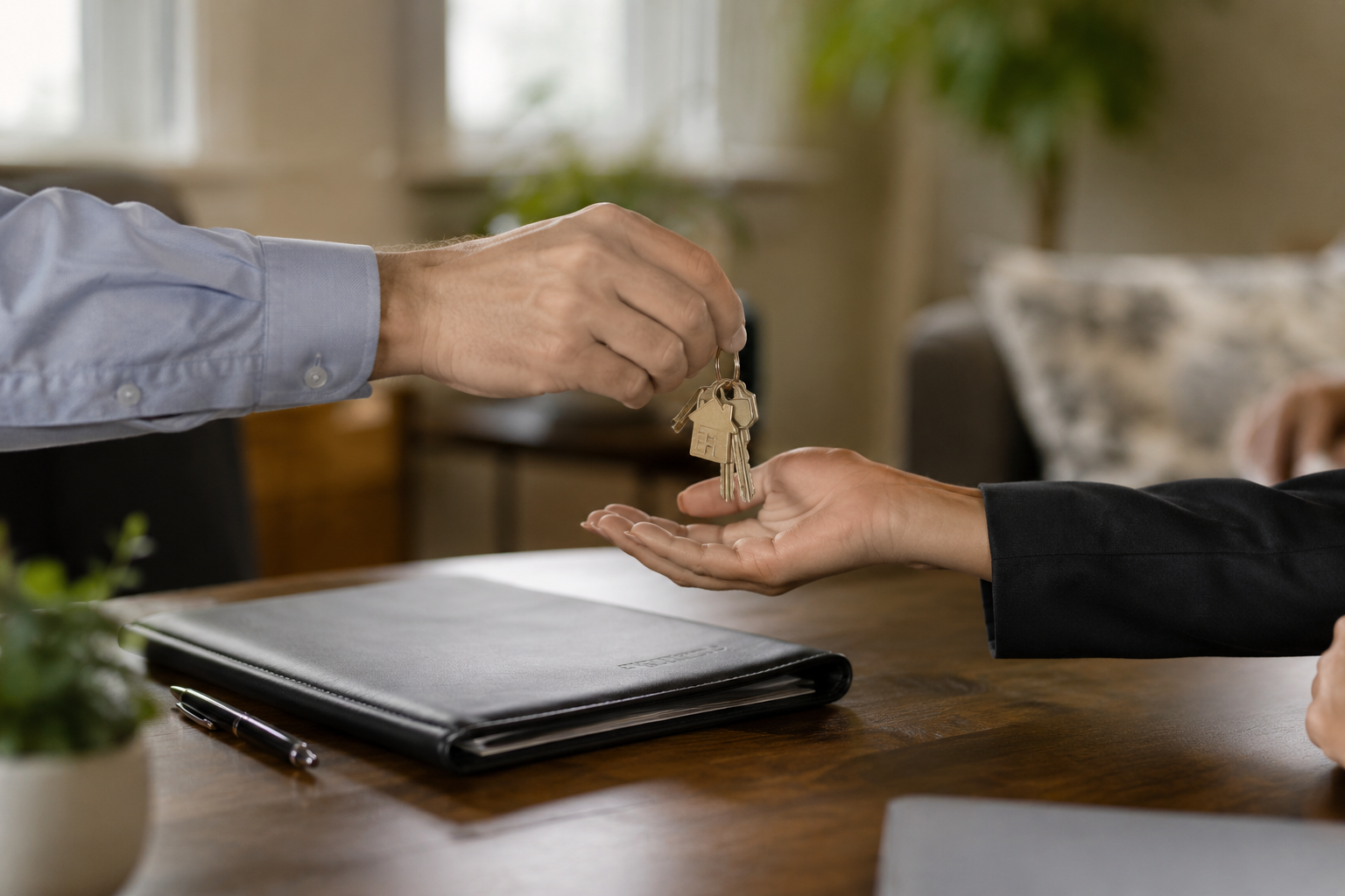 Home seller handing over house keys across a desk at a Savannah closing
