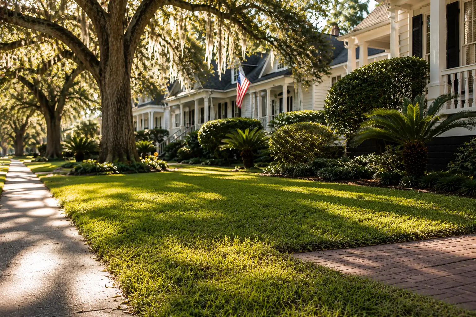 Coastal Georgia home in Savannah with a manicured lawn, live oaks draped in Spanish moss, brick walkway, and an American flag on the front porch