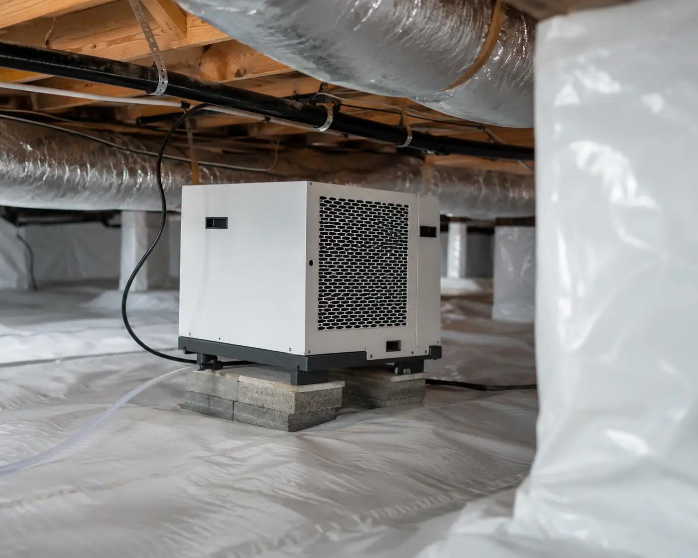 Crawl-space dehumidifier installed under a Savannah home to control lowcountry humidity before listing